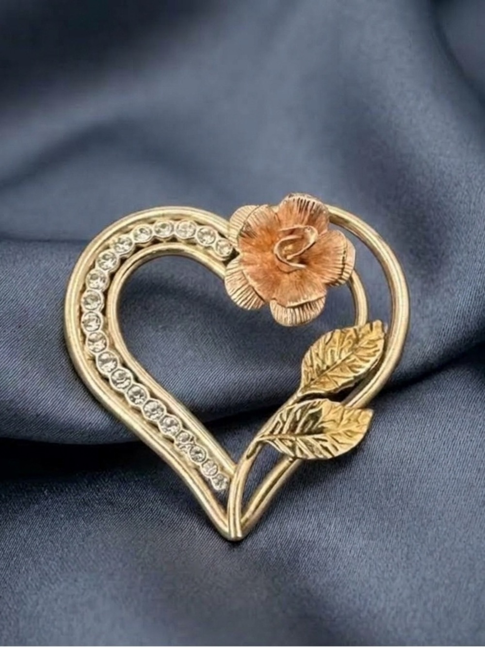 Vintage Krementz 14k Gold Overlay Rhinestone Rose Heart Brooch Pin Excellent